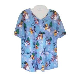 Disney Winnie-the-Pooh 100 Acre Snow Day Women's V-Neck Christmas Scrub Top Med